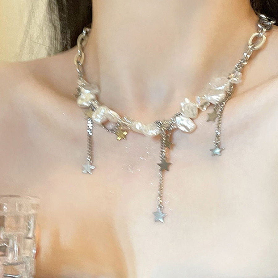 New Rhinestone Pearl Tassel Double-Layer Necklace