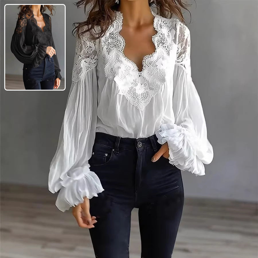 Ins Puff-Sleeved Blouse Fashion Elegant Ruffle Pleated Long-Sleeved Top Womens Clothing