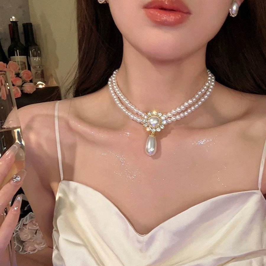 New Rhinestone Pearl Tassel Double-Layer Necklace