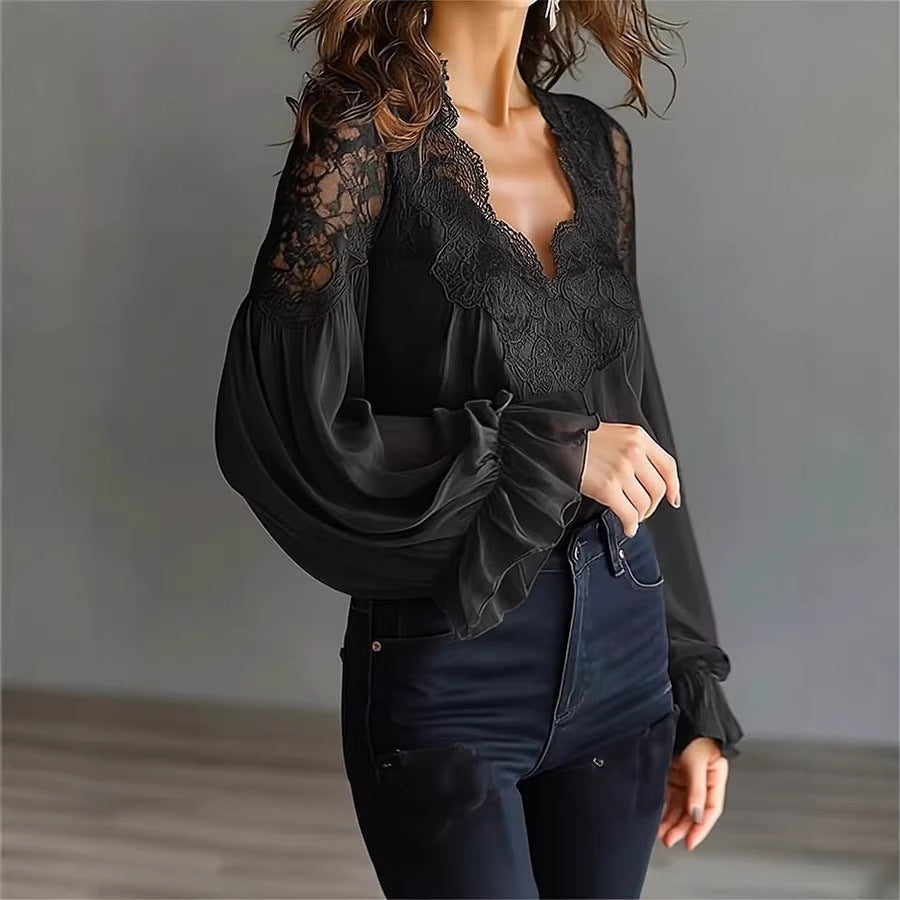 Ins Puff-Sleeved Blouse Fashion Elegant Ruffle Pleated Long-Sleeved Top Womens Clothing