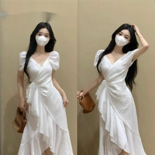 V-Neck Dress Degrees Women's Waist Irregular Ruffled
