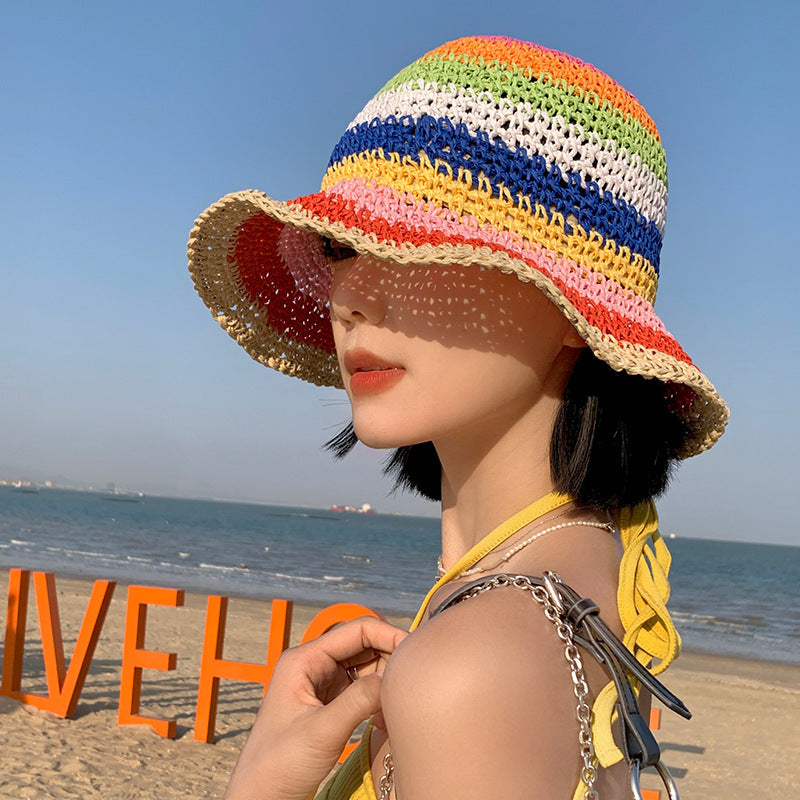Rainbow Straw Bucket Hat Women's Summer Breathable Sun-Proof Sun Protection