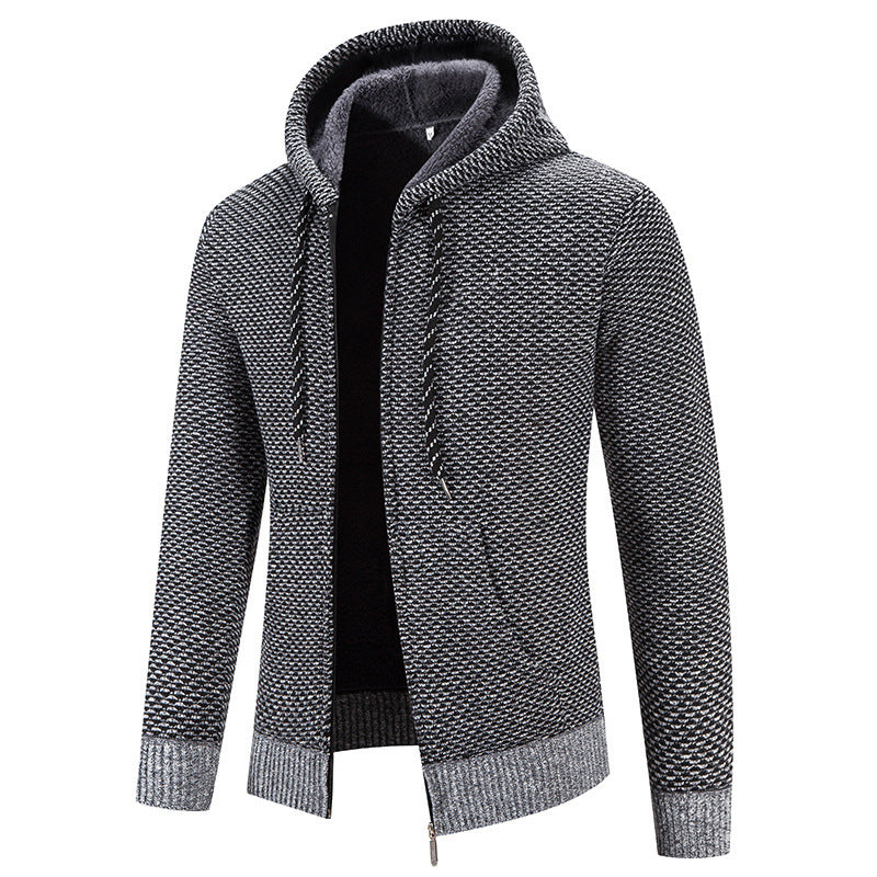 Knitwear Men's Hooded Sweater Fleece-Lined Velvet-Added Thickness Fleece-Lined Warm Cardigan Coat