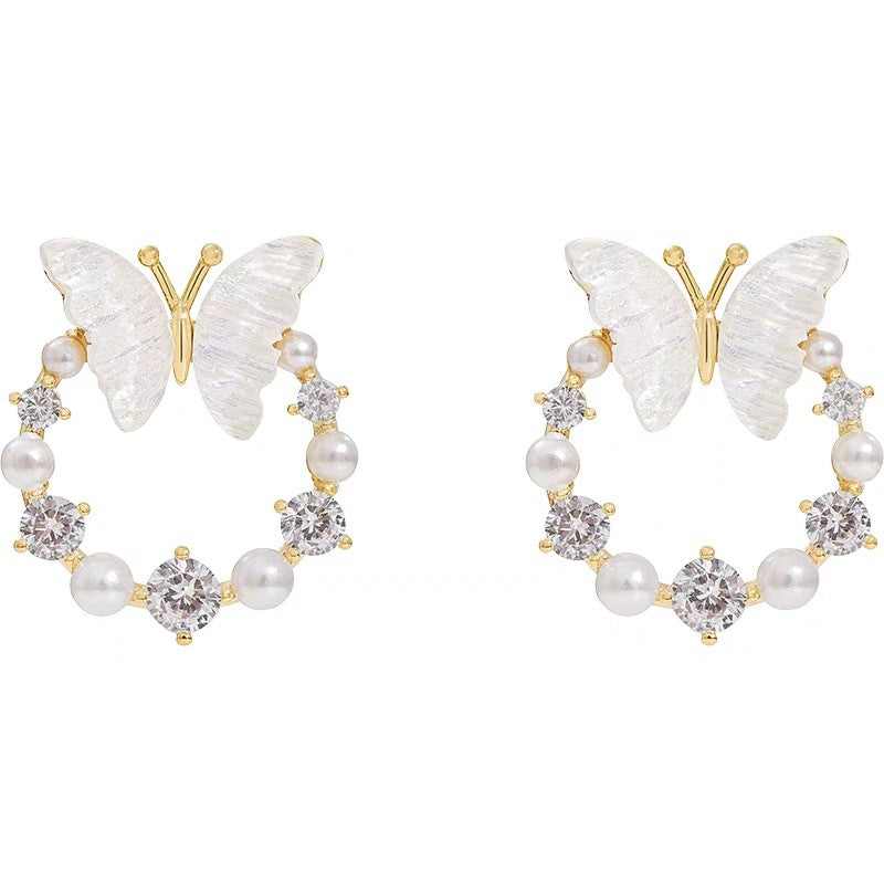 Silver Needle Circle Butterfly Studs Women's Design Sense