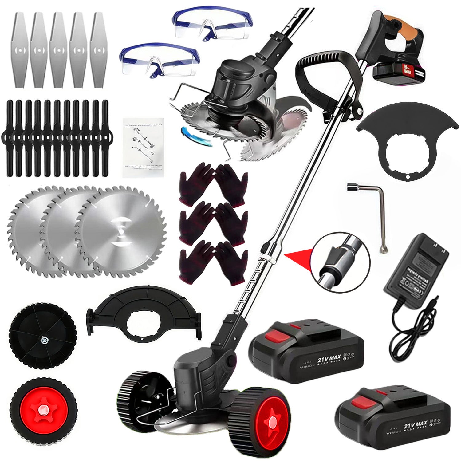 21V Electric Weed Eater With Wheels,Cordless Battery Weed Wacker With Charger, 2Batteries,3 In 1 Brush Cutter String Trimmer Grass Trimmer Lawn Mower,Edger For Garden And Yard Lawn,Dealsforyoudays