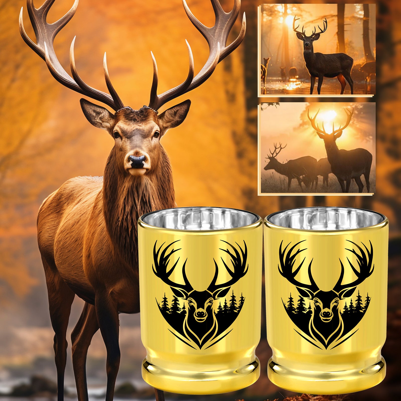 2pcs 50 Caliber Deer Head Golden Plastic Wine Glasses With Gift Box - Leak Proof, Reusable - Stylish Animal Print Design, Suitable For Whiskey, Tequila, Etc