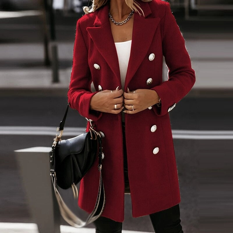 Fashion Turndown Collar Jacket For Women Autumn Winter Long-Sleeved Double-Breasted Woolen Coat
