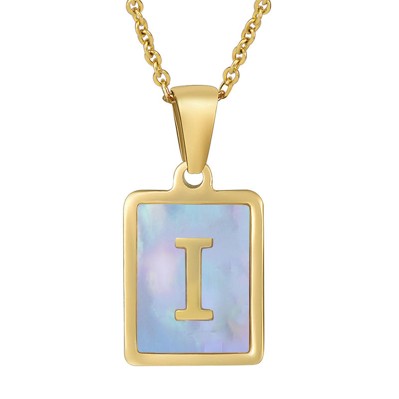 Titanium Steel 26 English Letter Necklace Blue Shell
