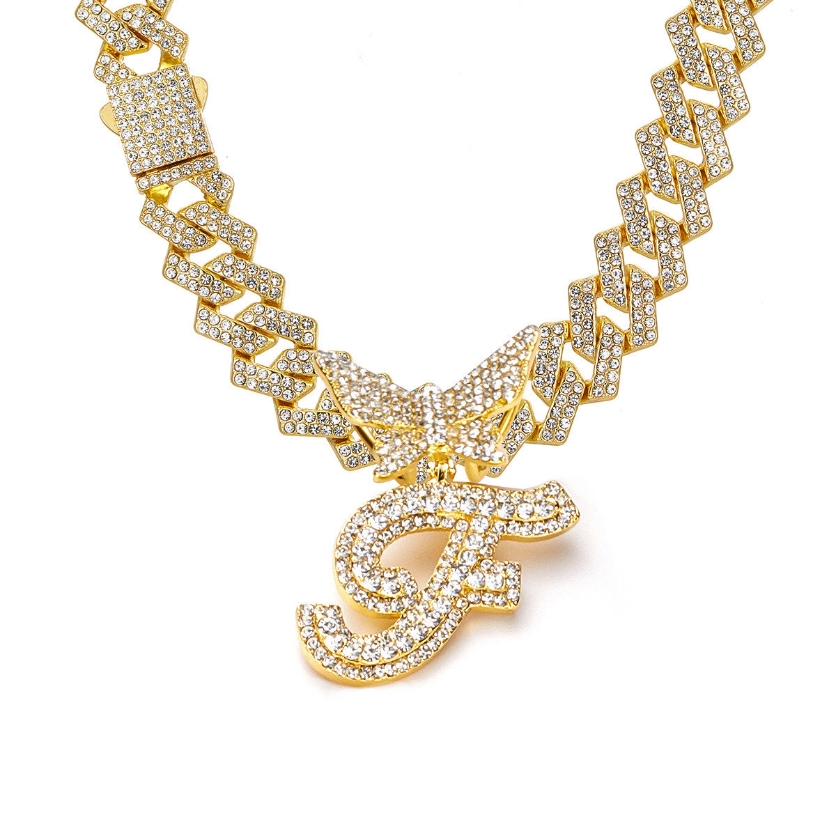 English Letter Alloy Rhinestone Pendant Necklace Butterfly