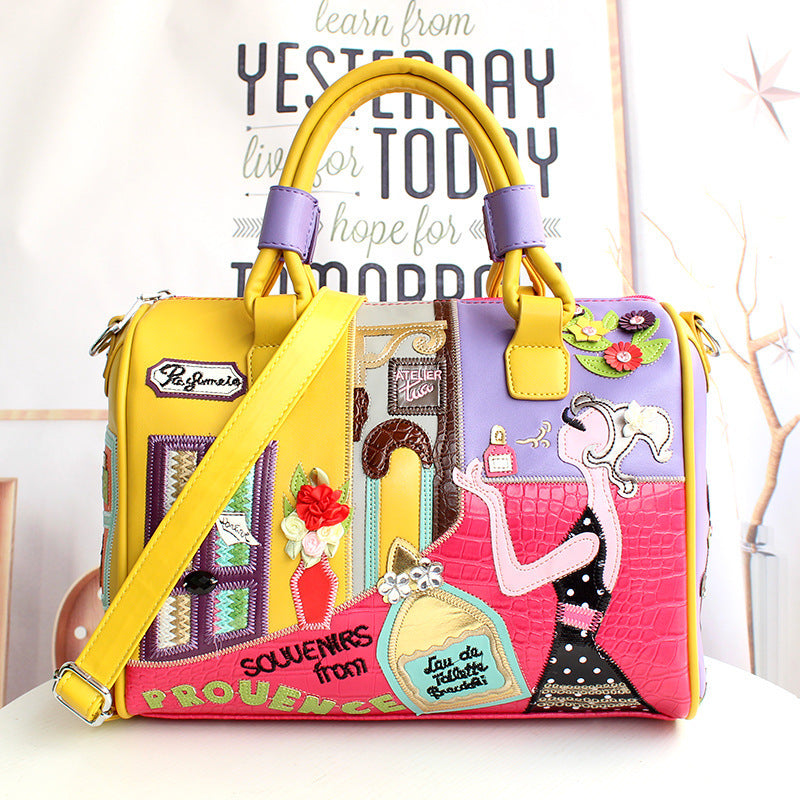 European and A merican Style Women Girl Solid Zipper Tote Cartoon Embroidery Messenger Travel Handbag Shoulder Bag