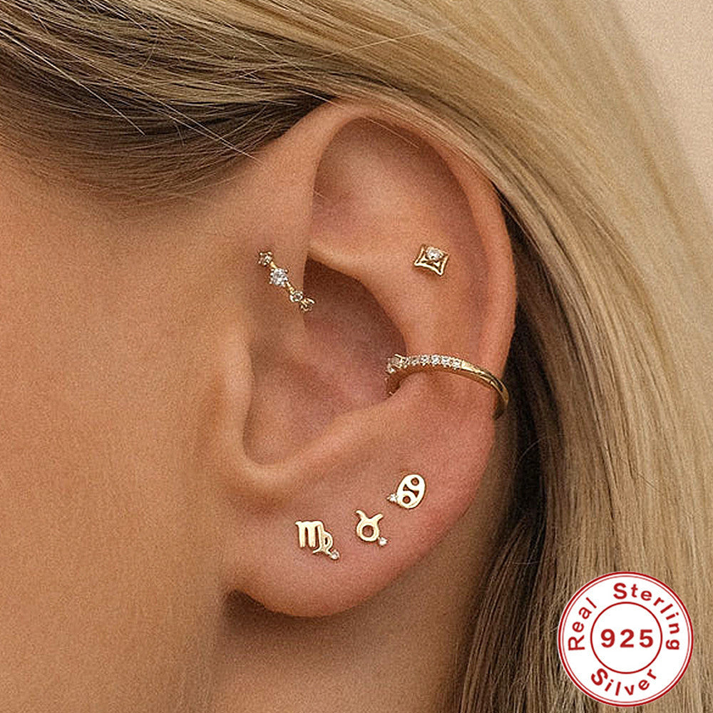 Fashion Ins Style Mini Glossy Twelve Constellation S925 Sterling Silver Personalized Diamond Constellation Stud Earrings