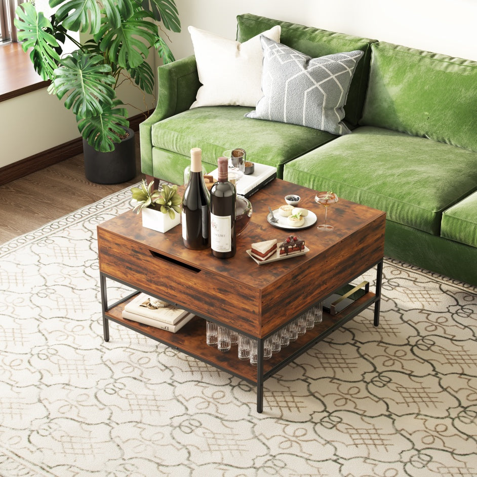 Farmhouse Flip Top Coffee Table With Storage Rustic Wood Grain Table, Hidden Storage Compartment For Living Room, Sturdy Metal Frame Easy To Assemble & Clean