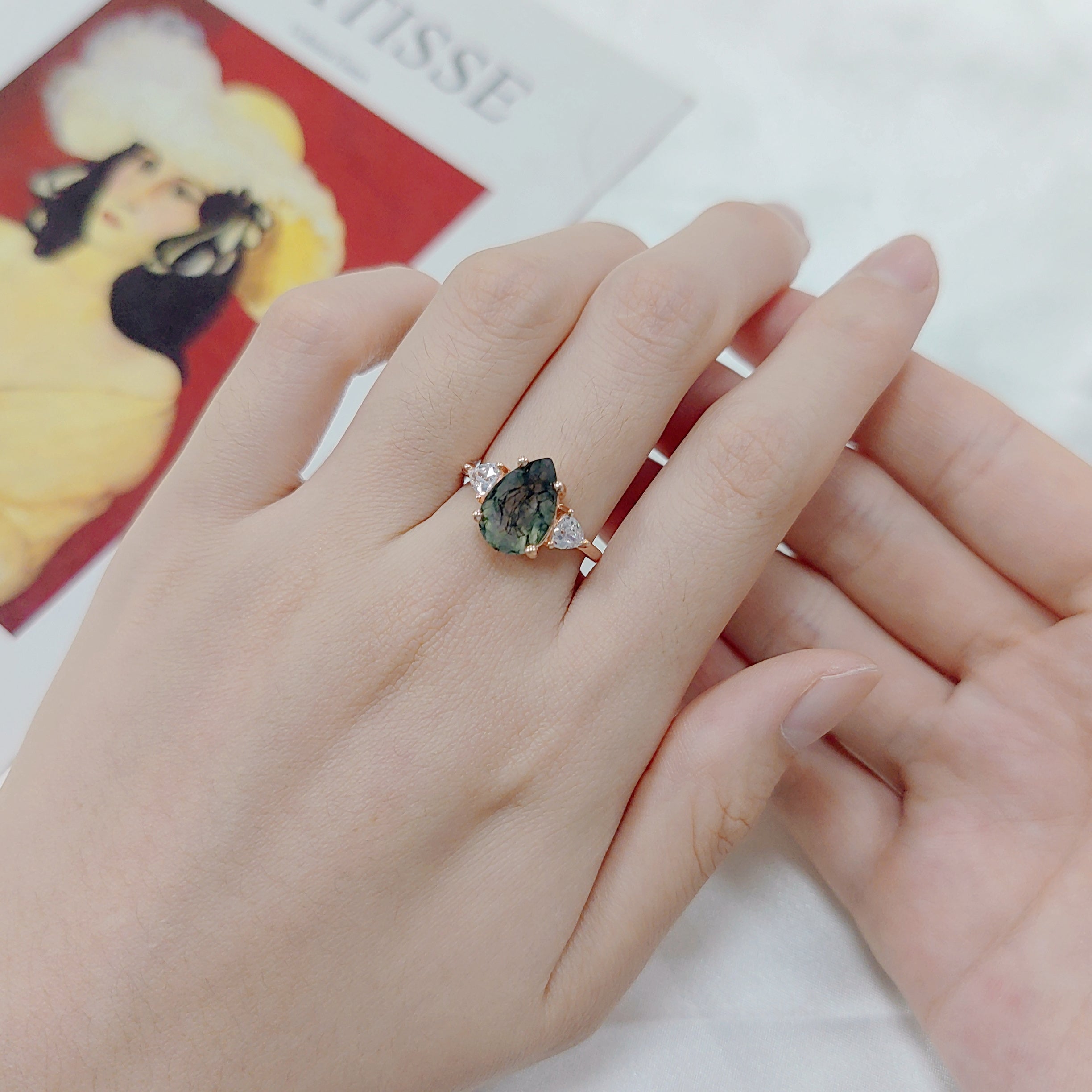 S925 Sterling Silver Water Plants Agate Ring