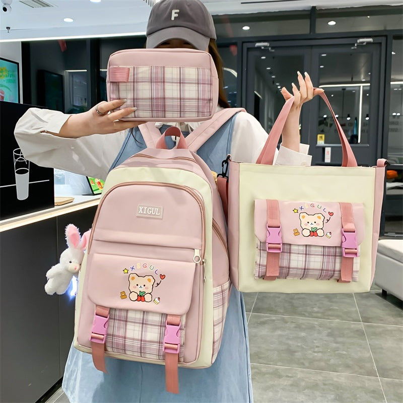 Large Capacity High School Plaid Three-Piece Set Junior High School Student Elementary School Studebt Backpack