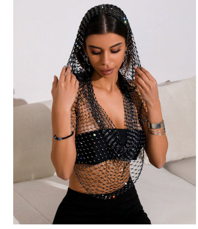 Women's Mesh Rhinestone Fishnet Top Sweet And Spicy Style Rhinestone Hooded Vest