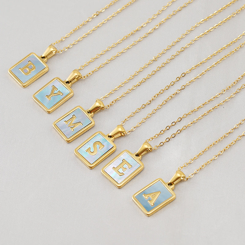 Titanium Steel 26 English Letter Necklace Blue Shell
