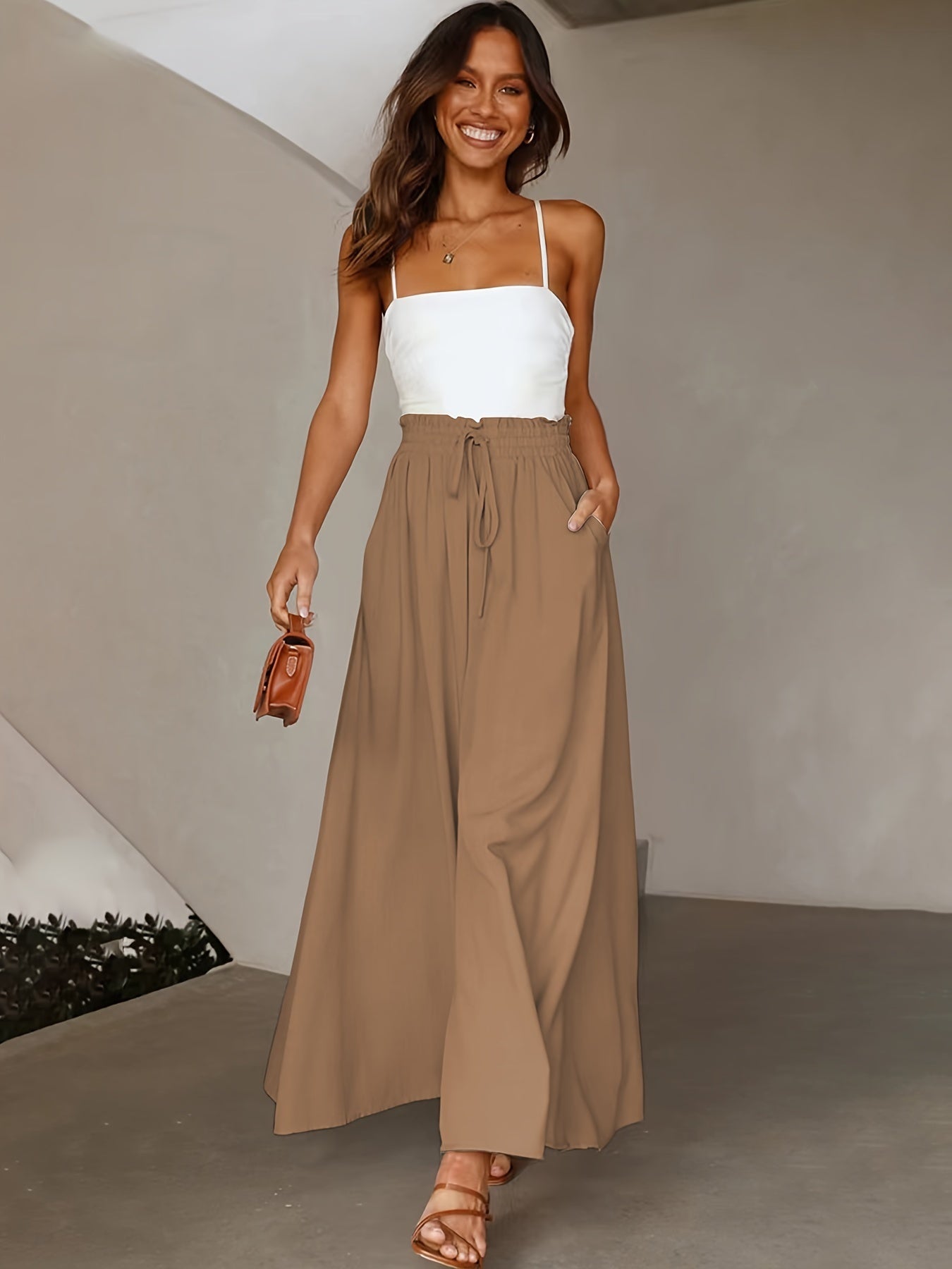 Ladies Plus Size Casual Pants Elastic Waist Wide-Leg Pants
