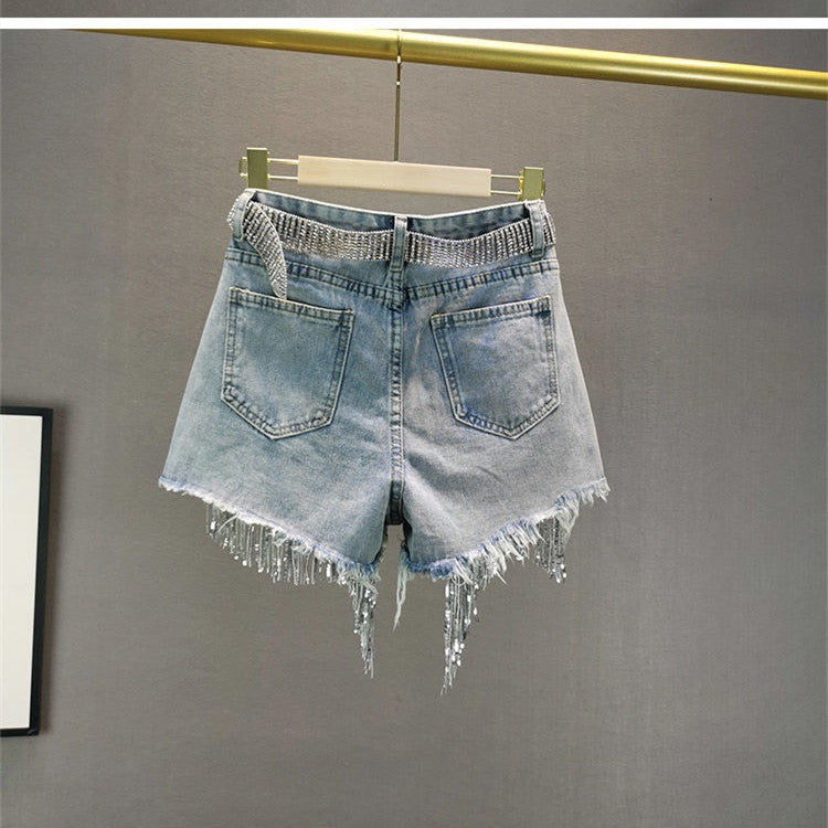 Heavy-Duty Beaded Sequined Tassel Ripped Copper Jeans