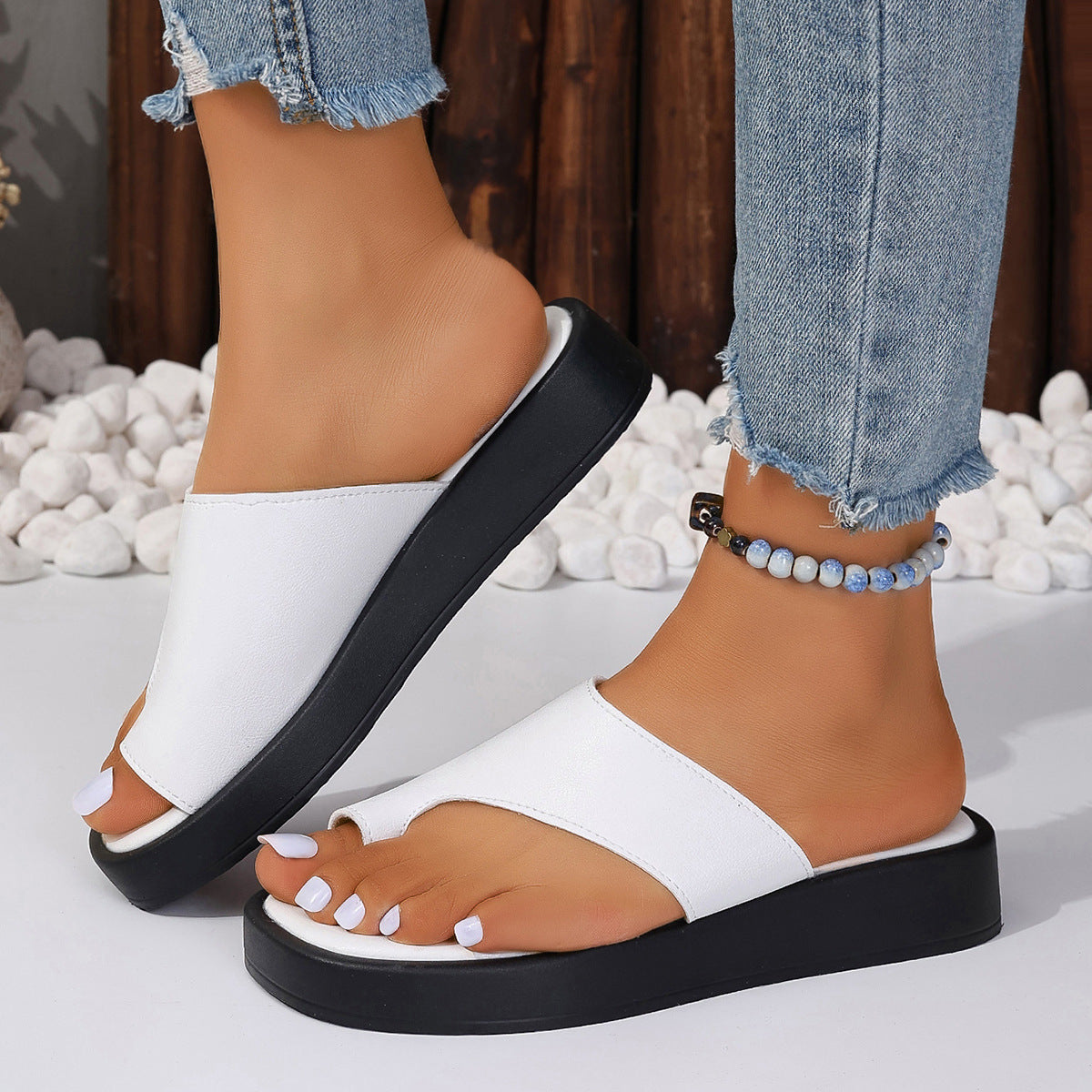 Thick-Soled Clip Toe Flat Slippers Outdoor Summer Casual Solid Color Slides Shoes for Women