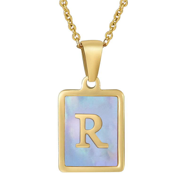 Titanium Steel 26 English Letter Necklace Blue Shell