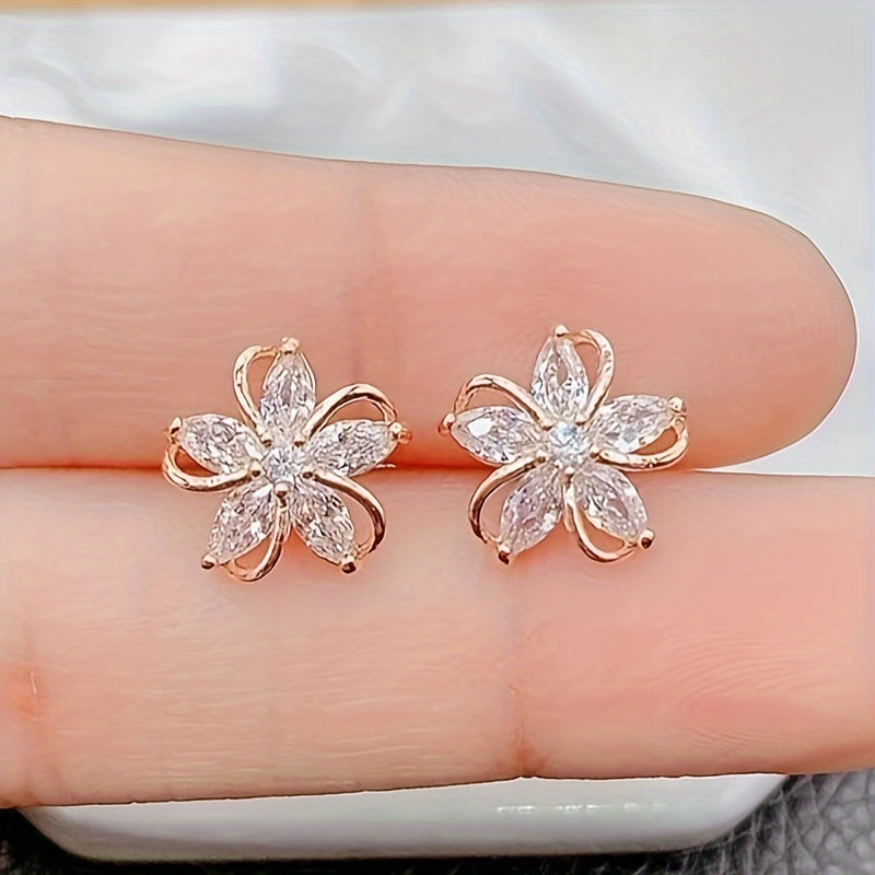 1 Pair Vintage Elegant Five-Petal Flower Stud Earrings With Sparkling Rhinestones, Perfect For Women's Daily Wear Or As A Gift For Women & Sisters
