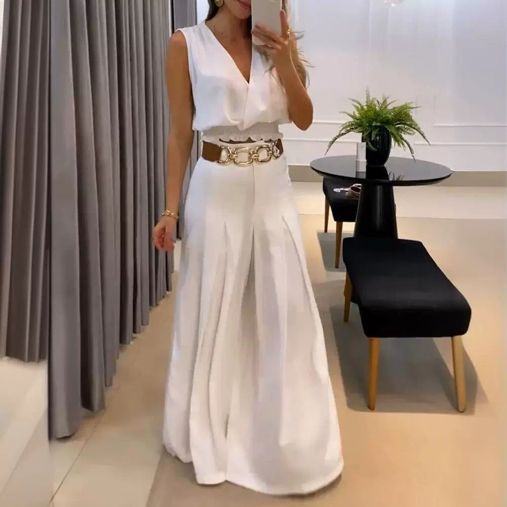 Amazon White Girdle Sleeveless V-Neck Vest Suit Wide-Leg Bell-Bottoms-No Need Belt