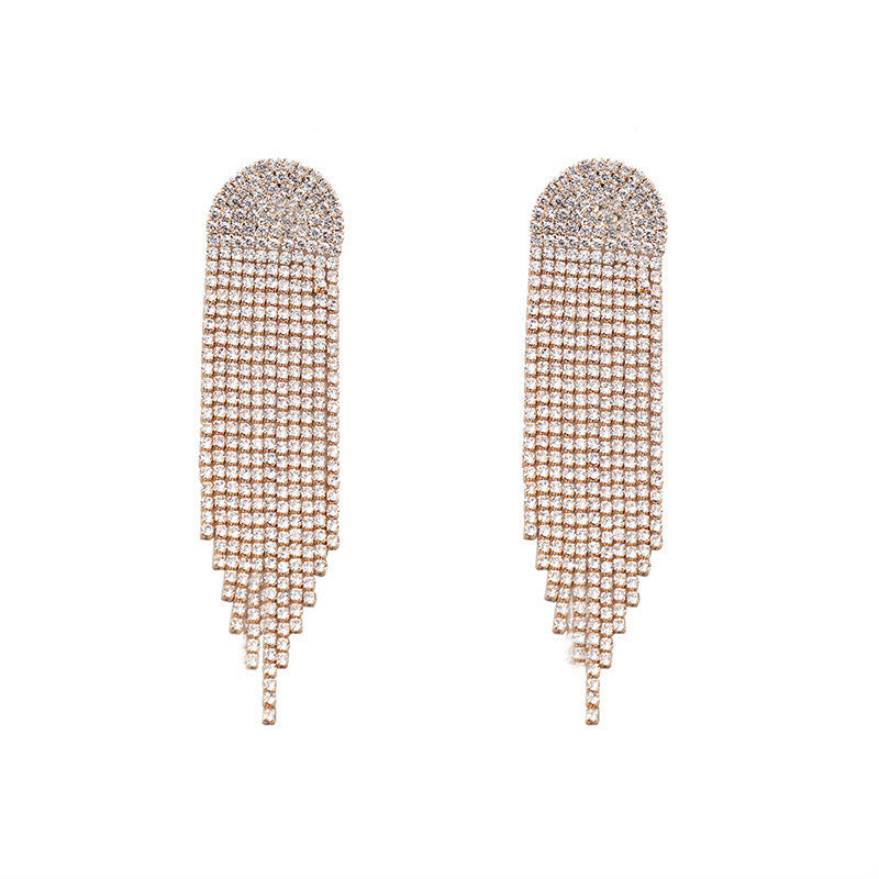 Exaggerated Full Drill Stud Earrings With Extra Long Tassel Rhinestones