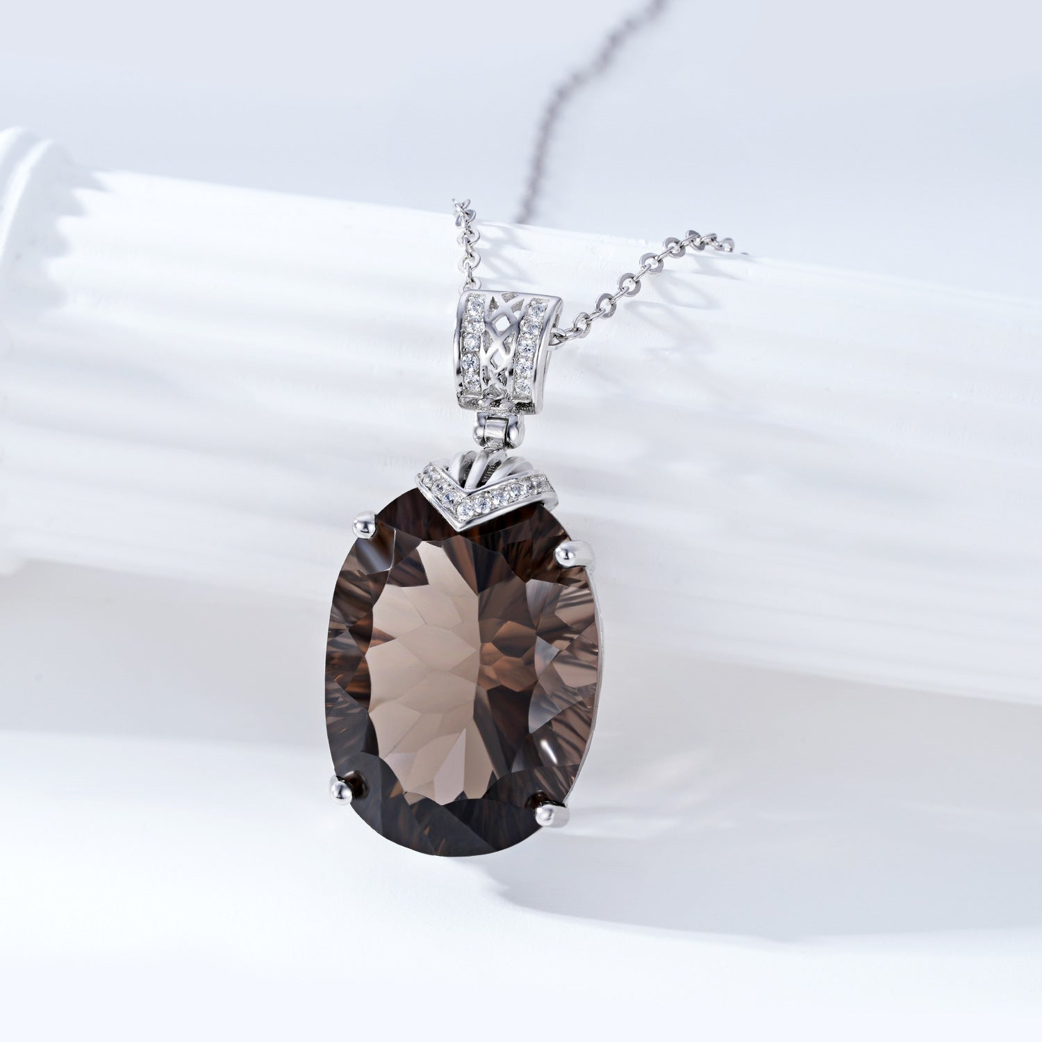 Luxury And High-Grade Natural Tea Crystal Pendant Fashionable Design S925 Silver Inlaid Egg Shaped Gem Necklace