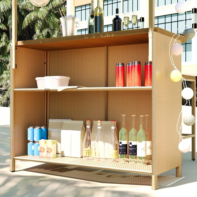 GO Hawaiian-style Bar Height Patio Set With PE Grass Canopy, Outdoor Bar Table And Stools With Adjus