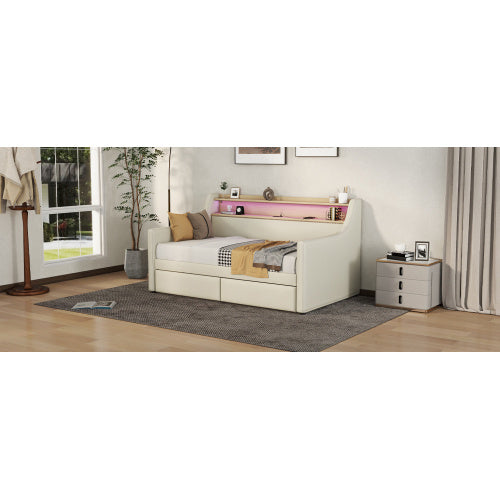 Twin Size Daybed With Storage Drawers, Upholstered Daybed With Charging Station And LED Lights, Beige