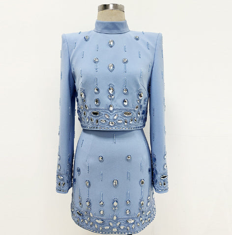 Heavy Industry Beads Diamond Short Top Skirt Suit