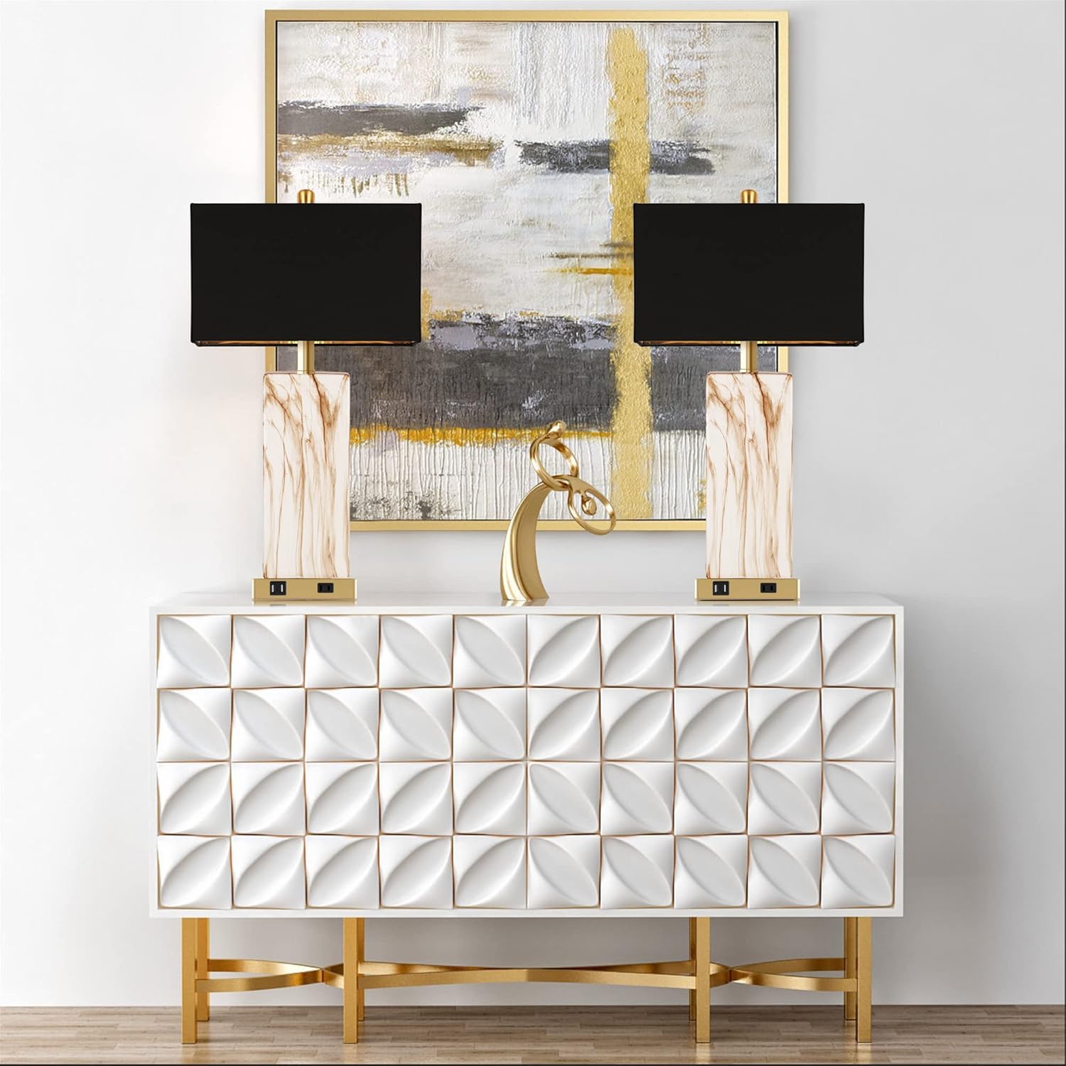 Touch Control Table Lamps Set Of 2, Modern Contemporary Bedside Lamp With 2 USB Ports 1 AC Outlet, 3-Way Dimmable Nightstand Lamp Faux Marble Gold Black Rectangular Shade For Living Room Bedroom