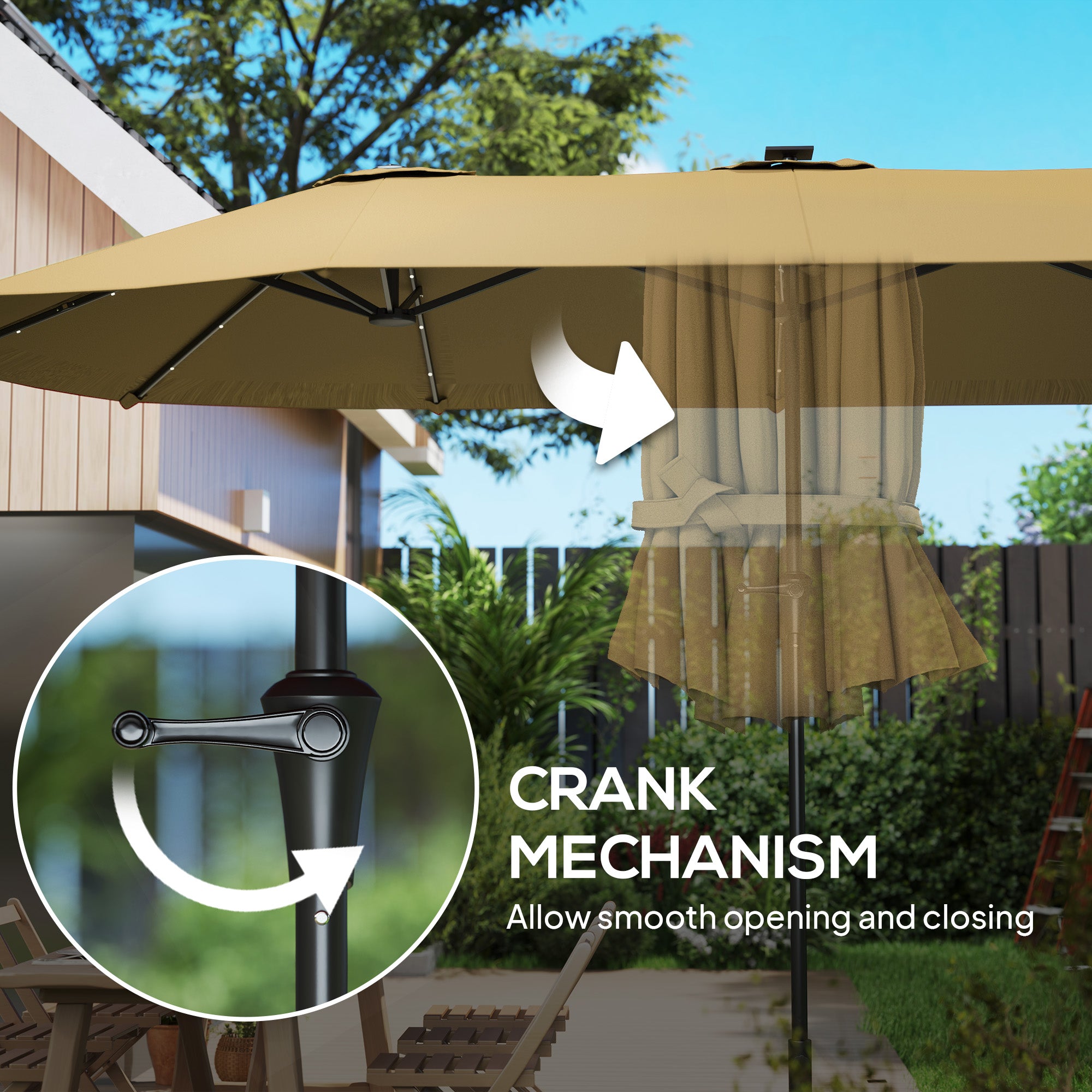 13ft Double-Sided Market Umbrella, Large Patio Umbrella with Solar Lights, Crank Handle for Garden, Pool, Yard, Khaki