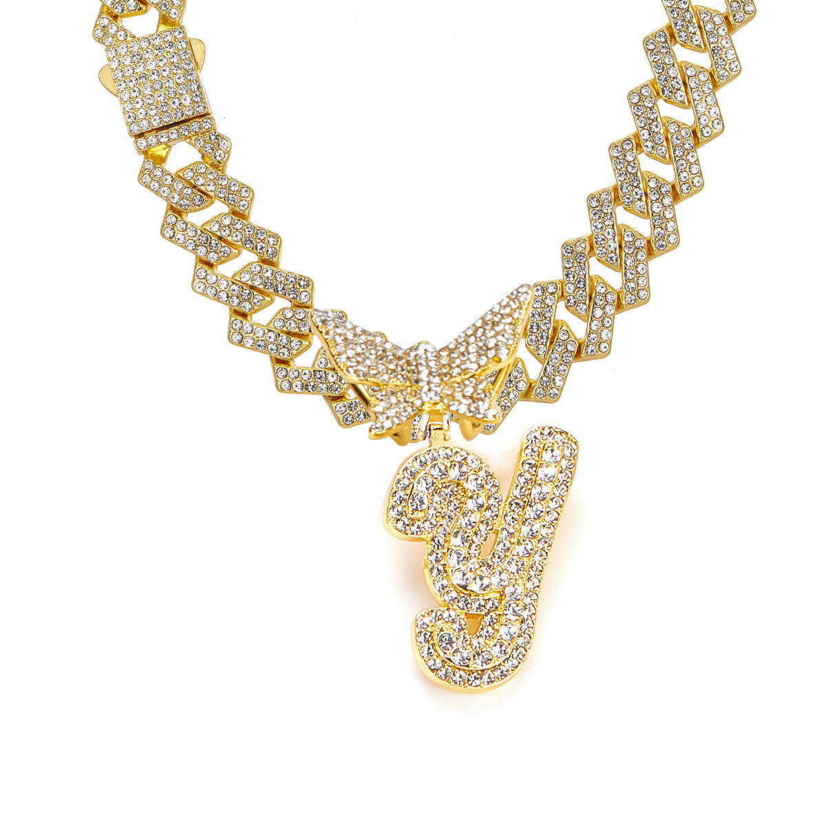 English Letter Alloy Rhinestone Pendant Necklace Butterfly