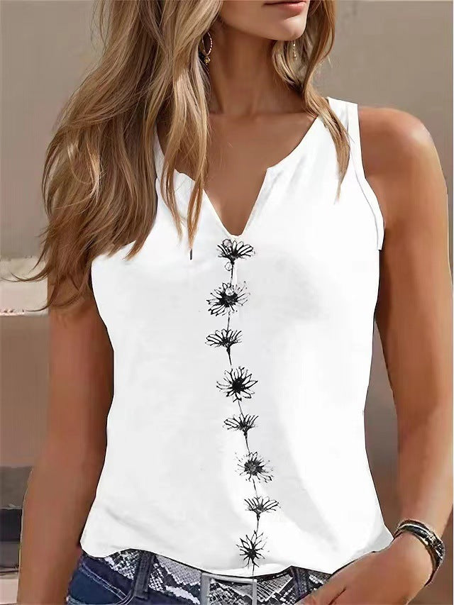 Casual Loose V-Neck S Print Sleeveless T-Shirt Women