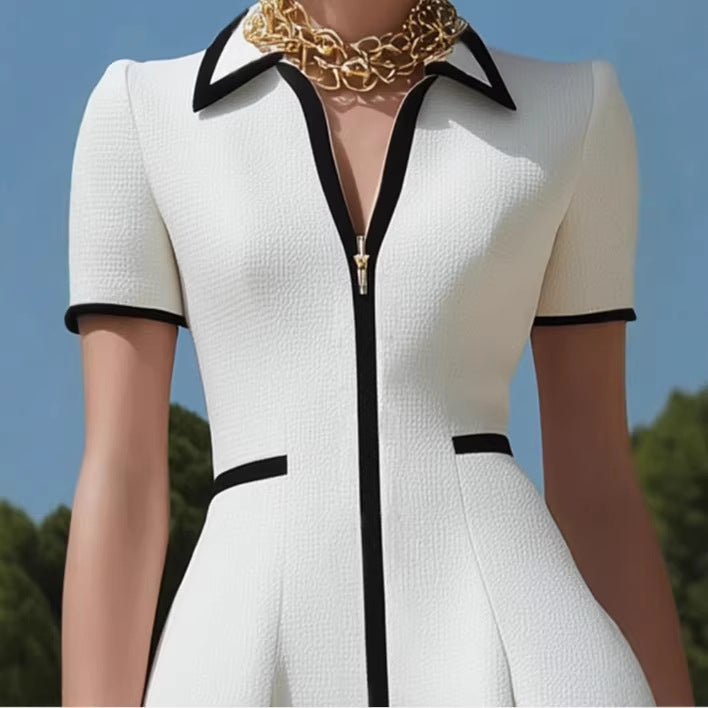 Black-Trimmed Dress With A White Zipper Design