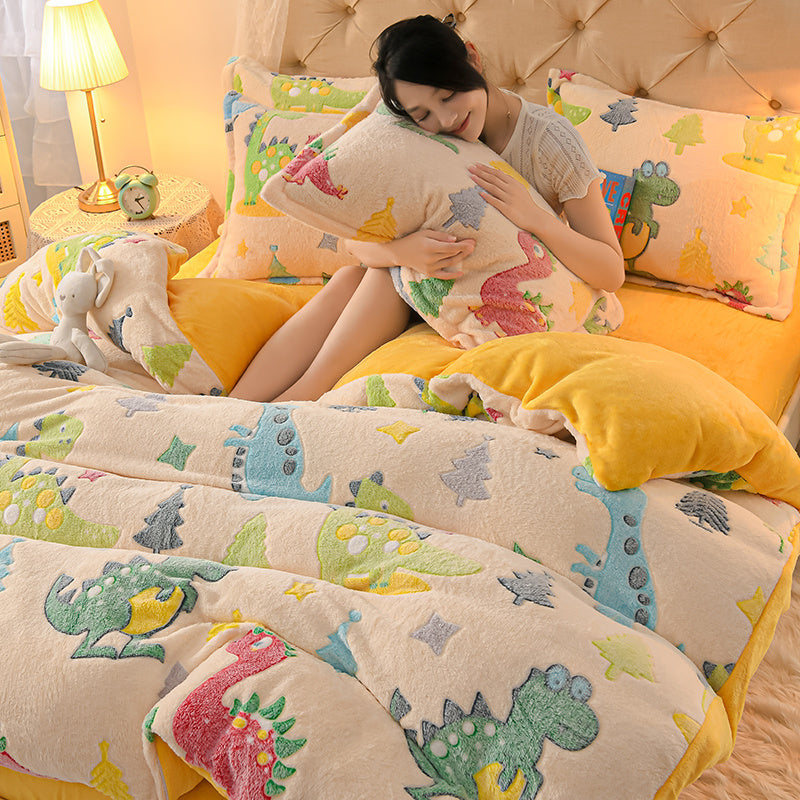 Coral Velvet Sheet Duvet Cover Double Sided Plus Velvet Thick Bedding Set