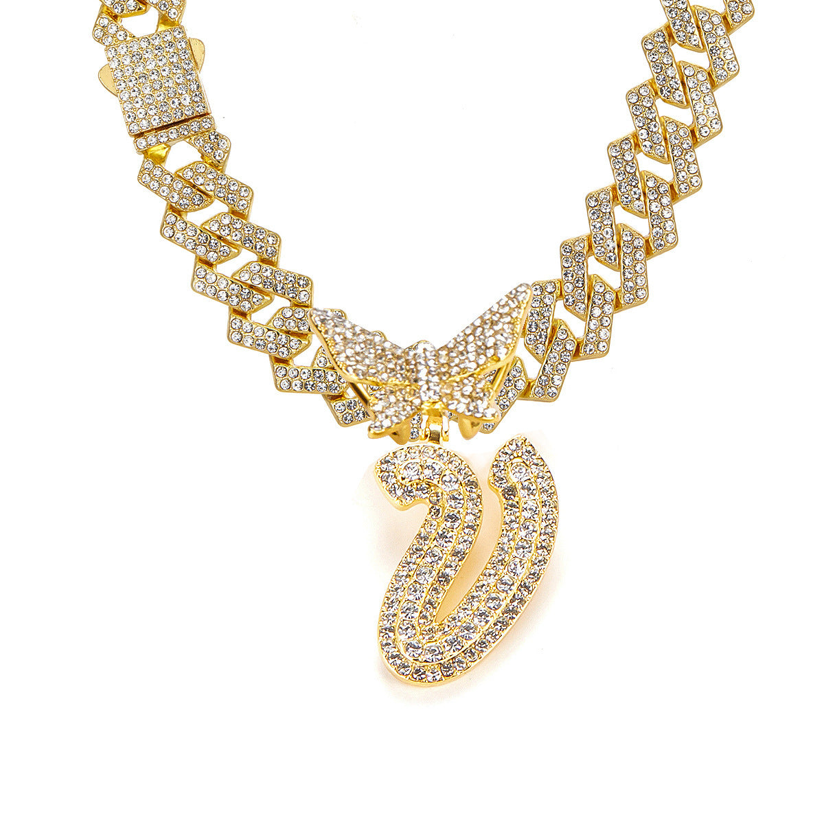 English Letter Alloy Rhinestone Pendant Necklace Butterfly
