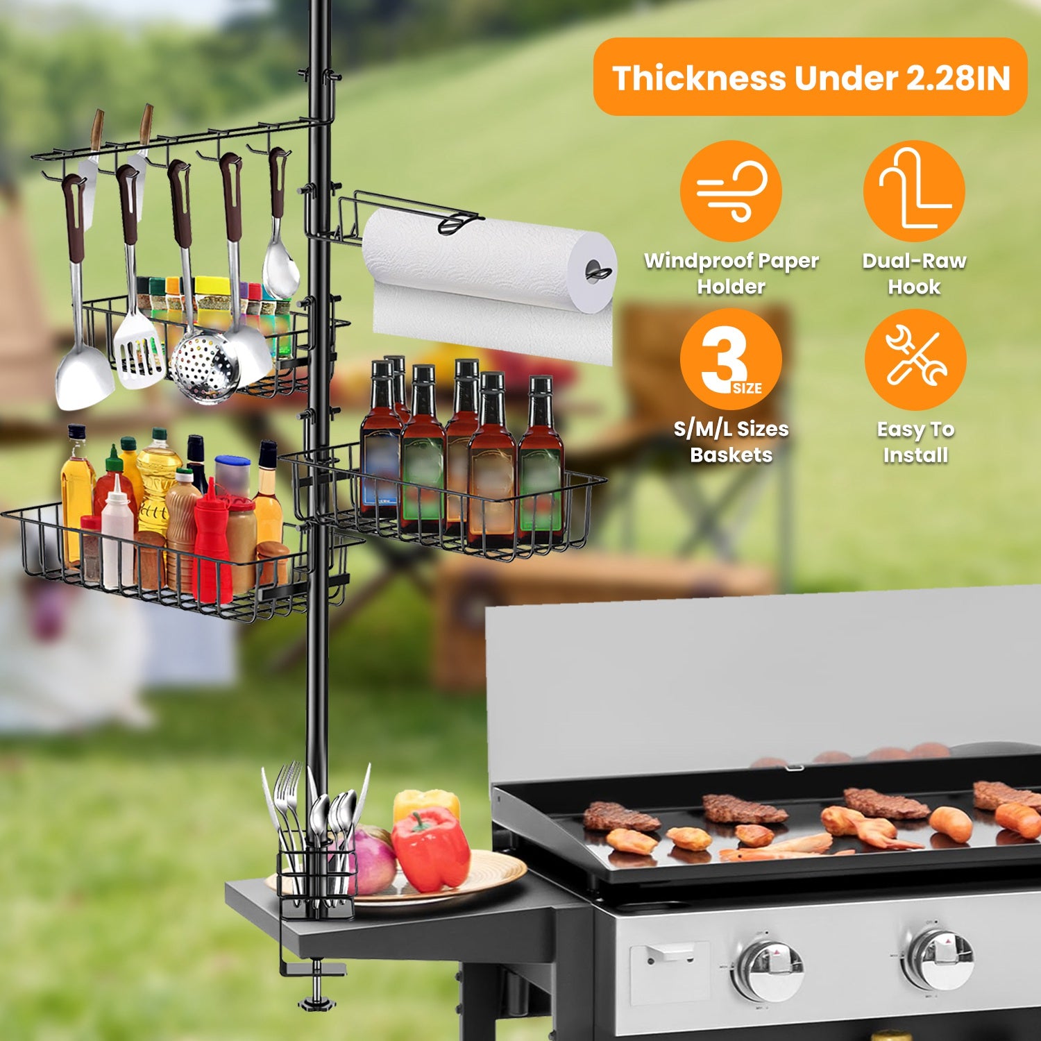 1Pc Griddle Caddy With Paper Towel Holder Hook Baskets BBQ Accessories Storage Rack Vertical Standing BBQ Organizer Grill Utensil Storage Fit For Blackstone Griddle