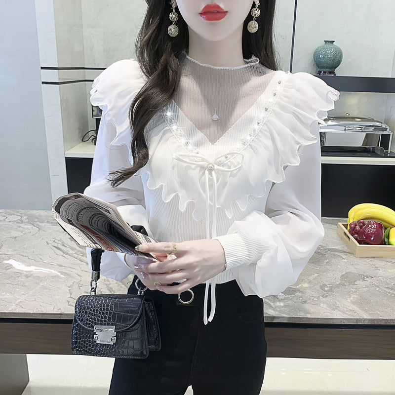 French V-Neck Ruffled V-Shaped Diamond Stitching