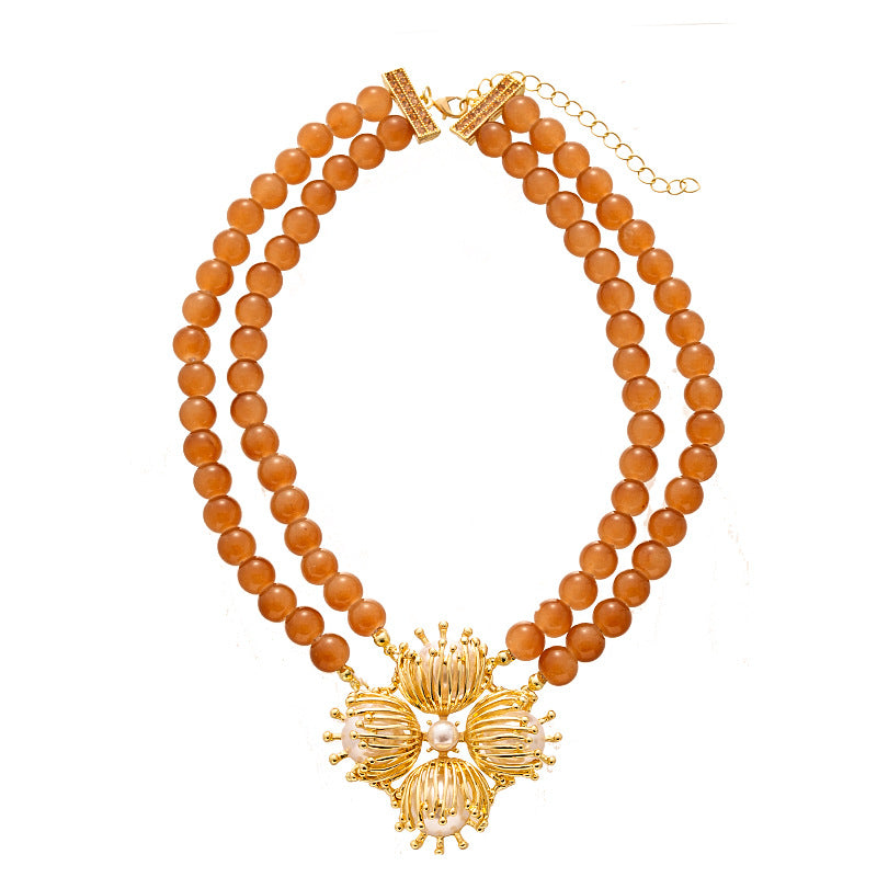Vintage Artificial Glass Beaded Double-Layer Necklace Earrings