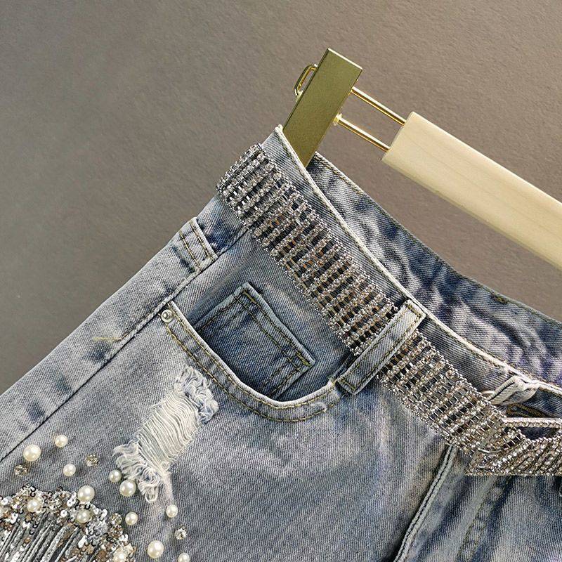 Heavy-Duty Beaded Sequined Tassel Ripped Copper Jeans