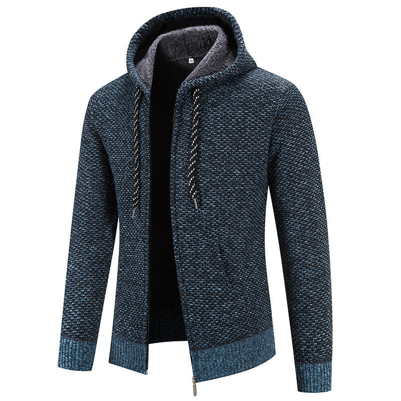 Knitwear Men's Hooded Sweater Fleece-Lined Velvet-Added Thickness Fleece-Lined Warm Cardigan Coat