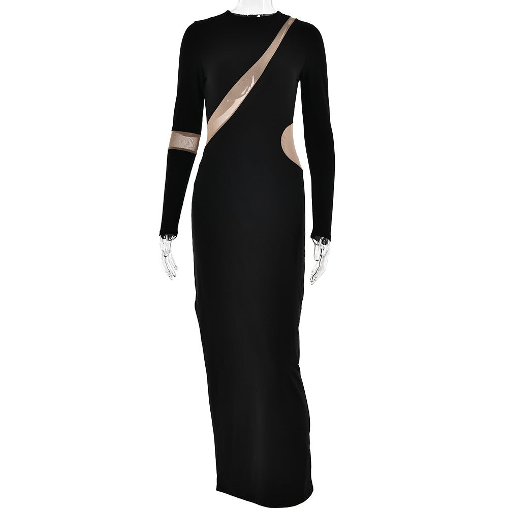 Close-fitting Body Shaping High Elastic Stitching Round-Neck Long-Sleeved Dress Women