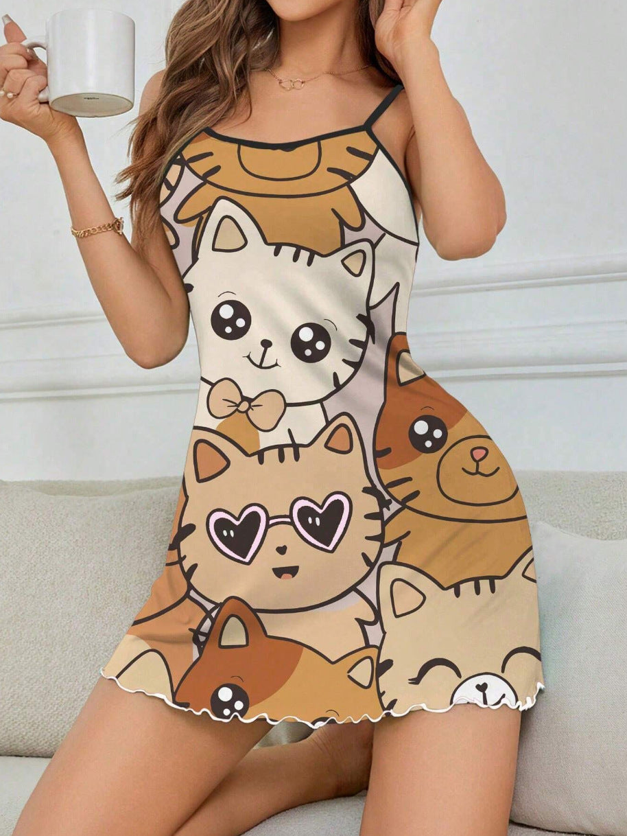 Women's Cat Printing Slip Nightdress