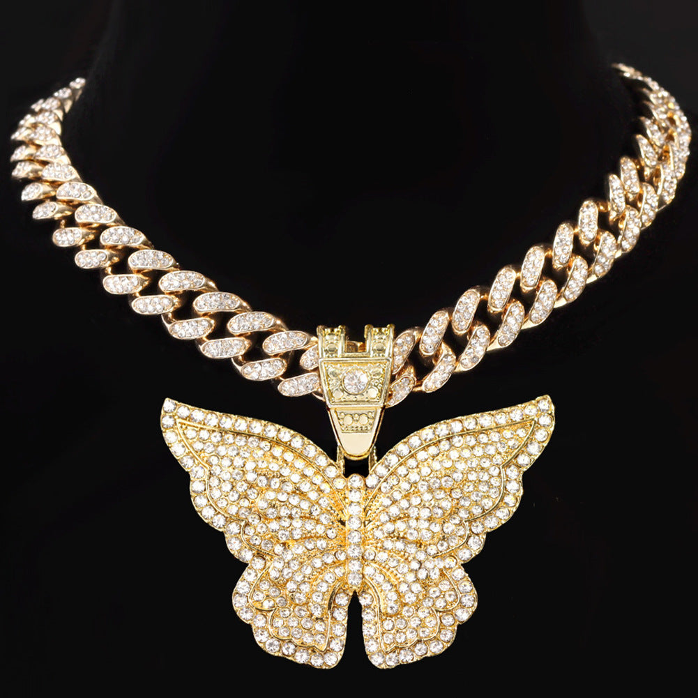 Exaggerated Butterfly Pendant Cuban Necklace With Diamonds