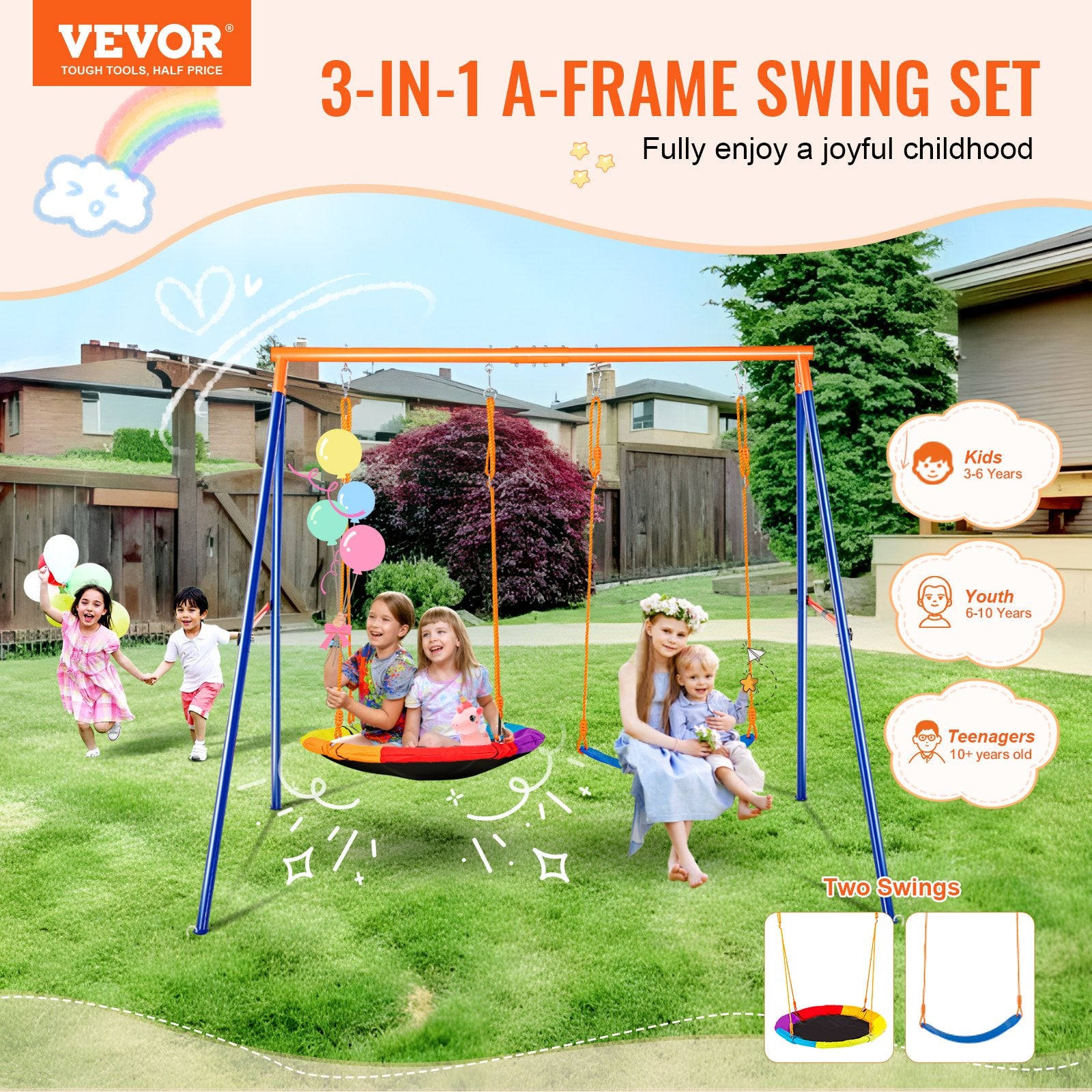 Swing Sets For Backyard 1 Saucer 1 Belt Swing Seat A-Frame Metal Stand