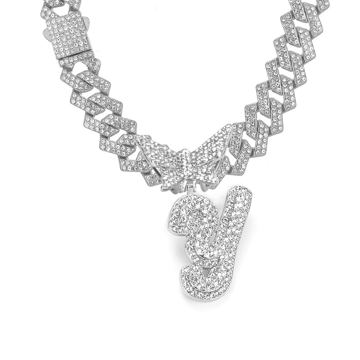 English Letter Alloy Rhinestone Pendant Necklace Butterfly