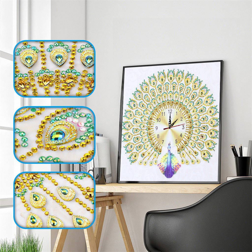 Non-Full Diamond Special-Shaped Brick Stone Embroidery Peacock Creative Clocks Diamond Painting
