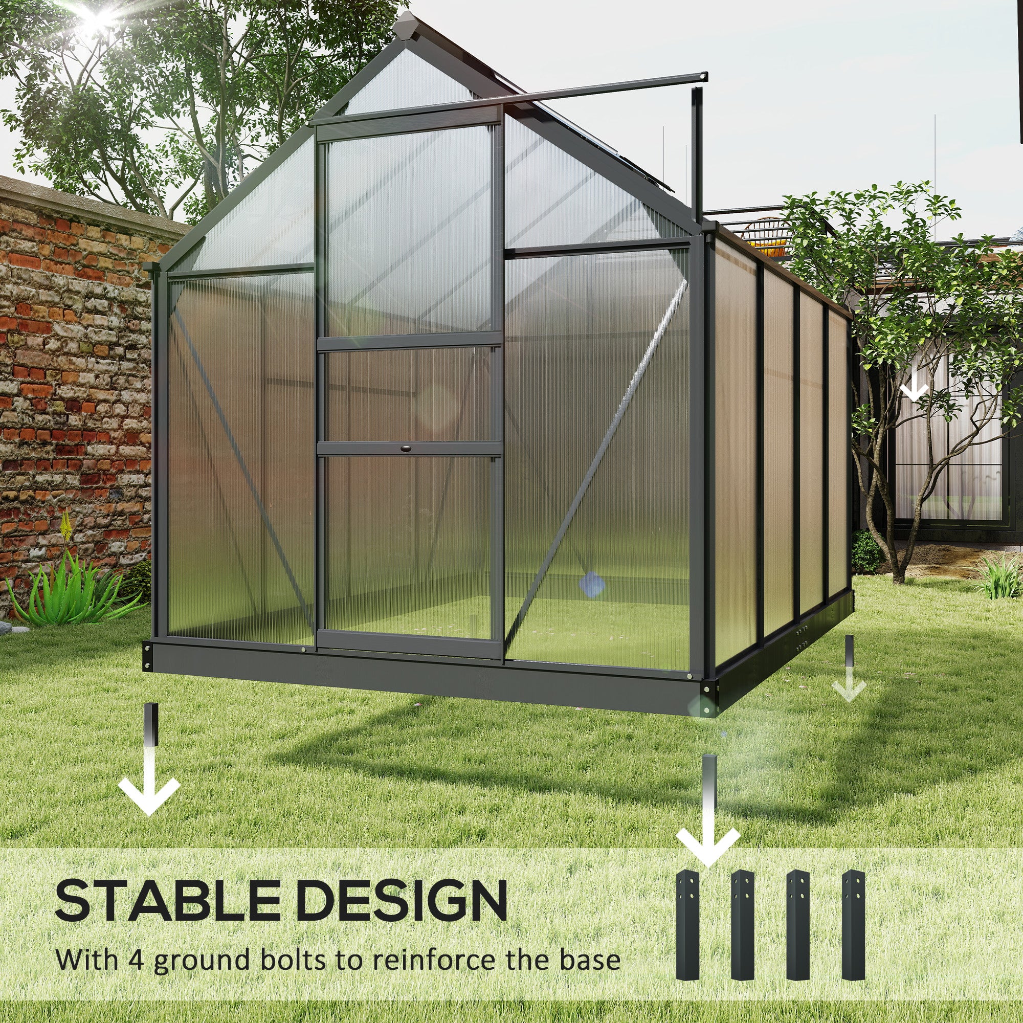 Polycarbonate Greenhouse, Heavy Duty Outdoor Aluminum Walk-in Green House Kit Vent Door, 6.2'x8.3'x6.6' Gray